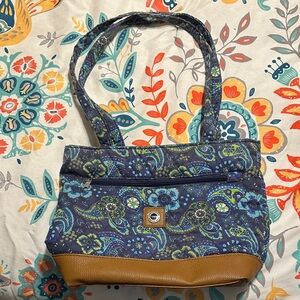 Elegant Blue and Tan Floral Shoulder Bag